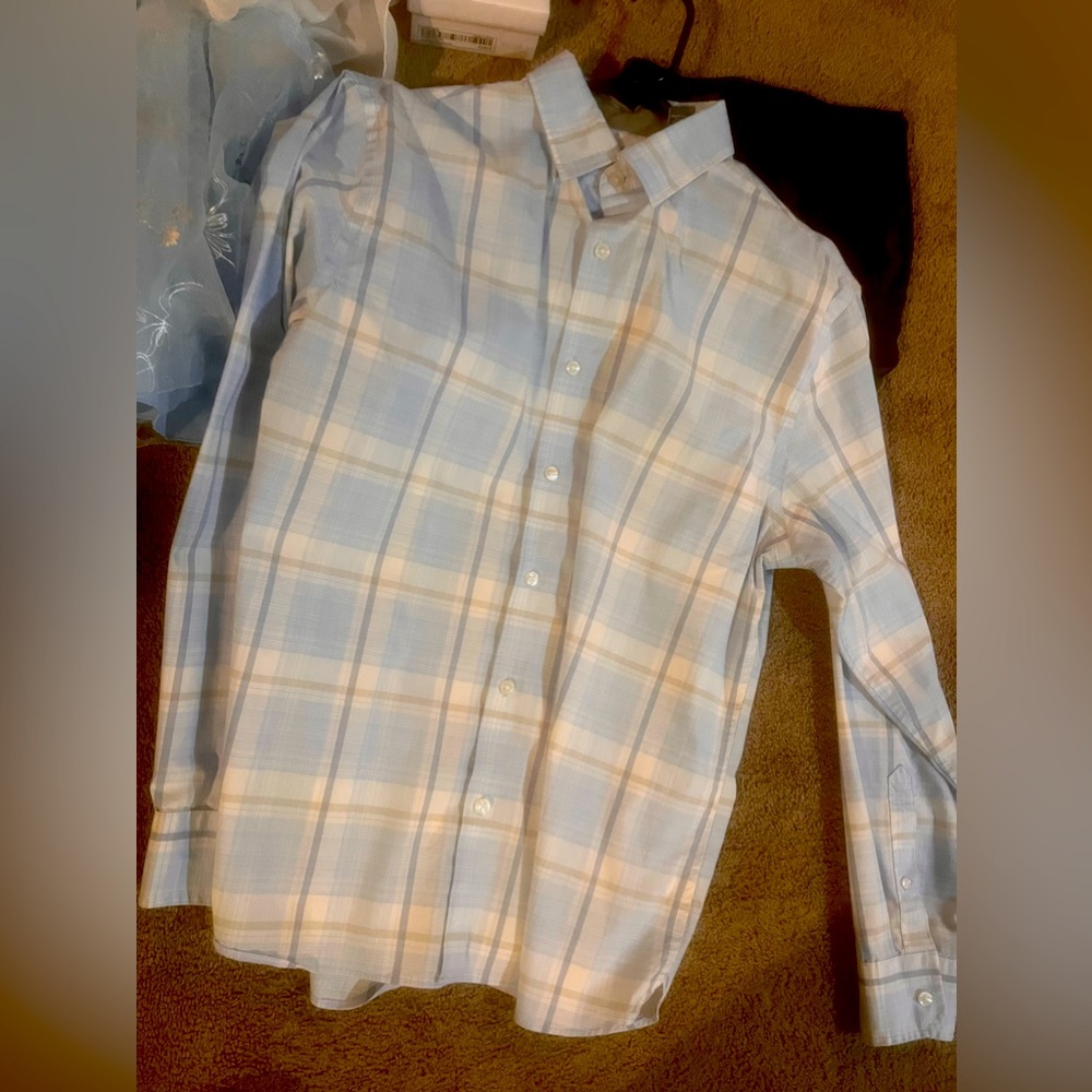 Van Heusen striped ashy blue button up. You want it? Just holler.